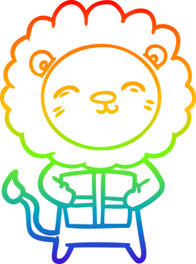 Gökkuşağı gradyan çizgi çizimi bir insan tarafından çizilmiş bir karikatür aslanının Noel hediyesi