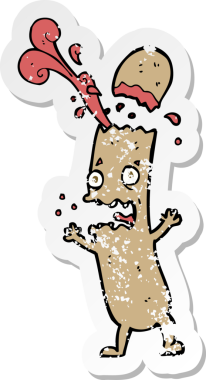 Bir insan tarafından çizilmiş az pişmiş bir sosisin retro sıkıntılı çıkartması.