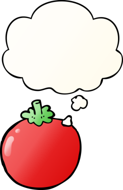 Düşünce baloncuklu çizgi film domatesi, bir insan tarafından çizilmiş düz eğimli bir şekil.