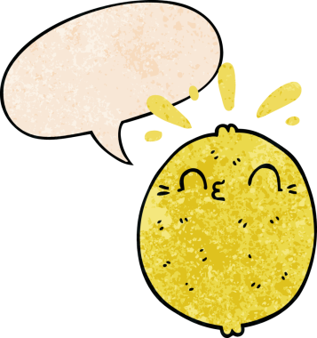 Konuşma baloncuklu şirin çizgi film limonu insan tarafından çizilmiş eski moda dokular.