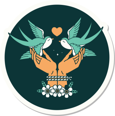 Bir insan tarafından çizilmiş geleneksel eller ve kırlangıçlar stiliyle dövme çıkartması.