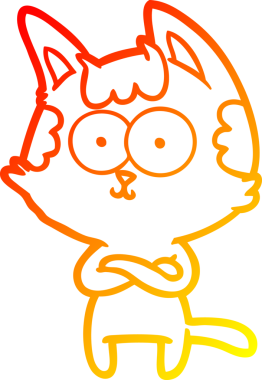 Bir insan tarafından çapraz kollar çizilmiş mutlu bir çizgi film kedisinin sıcak çizgi çizimi