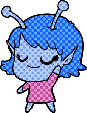 Bir insan tarafından çizilmiş gülümseyen uzaylı kız çizgi filmi.