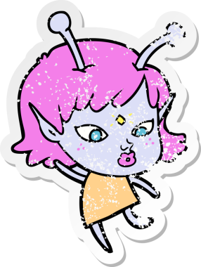 Bir insan tarafından çizilmiş güzel uzaylı bir kızın sıkıntılı çıkartması.