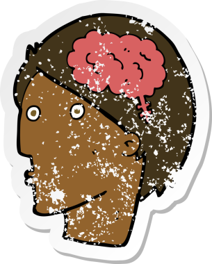 Bir insan tarafından çizilmiş beyin sembolü olan bir çizgi film karakterinin gerilimli yapıştırması.
