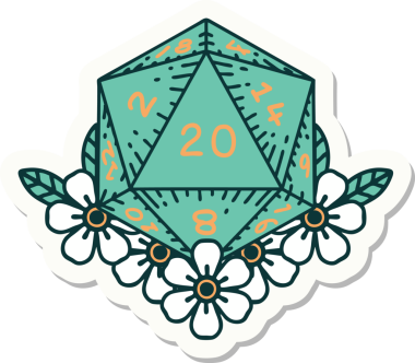 Bir insan tarafından çizilmiş 20 D20 zarının etiketi.