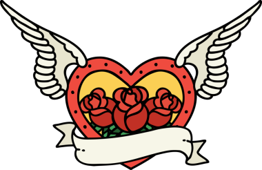 Geleneksel bir kalp dövmesi. Çiçekler ve bir insan tarafından çizilmiş bayrak.