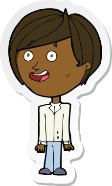 Bir çizgi film çıkartması. Bir insan tarafından çizilmiş mutlu, şaşırmış bir çocuk.