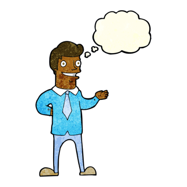 Bir insan tarafından çizilmiş düşünce baloncuğu olan çizgi film satıcısı.