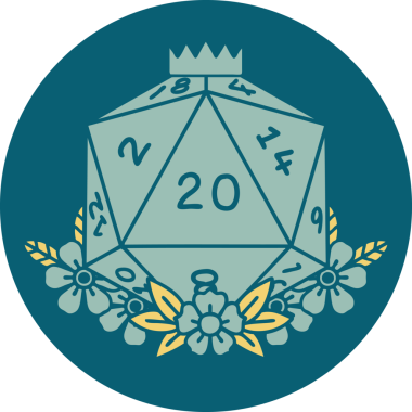 Retro Dövme Biçimi Doğal 20 D20 zar bir insan tarafından çizilmiş çiçek elementleriyle