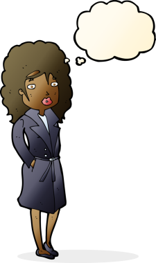 Bir insan tarafından çizilmiş düşünce balonlu trençkotlu bir kadın.