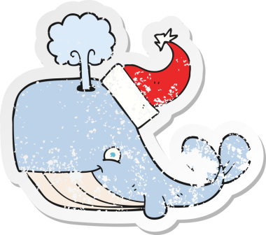 Bir insan tarafından çizilmiş noel şapkası giyen karikatür balinasının gerilimli çıkartması.