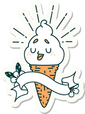 Bir insan tarafından çizilmiş dövme stili dondurma karakterinin çıkartması.