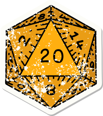 Bir insan tarafından çizilmiş 20 D20 zarının grunge sticker 'ı.