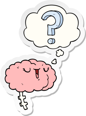 Düşünce baloncuklu çizgi film meraklısı beyin, insan tarafından çizilmiş bir çıkartma gibi.