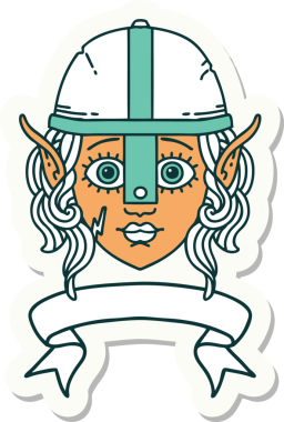 Bir elf savaşçısı karakterinin çıkartması, insan tarafından çizilmiş bir pankartıyla.