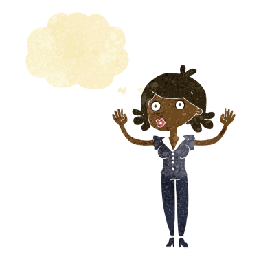 Bir insan tarafından çizilmiş düşünce baloncuğuyla teslim olan çizgi film kadını.