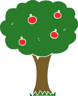 Bir insan tarafından çizilmiş düz renkli elma ağacı.