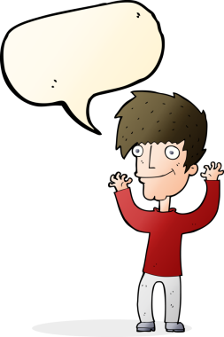 Bir insan tarafından çizilmiş konuşma baloncuğuyla kollarını sallayan çizgi film adamı.