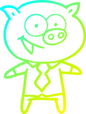 Bir insan tarafından çizilmiş ofis kıyafetleri içinde neşeli bir domuzun soğuk çizgi çizimi.