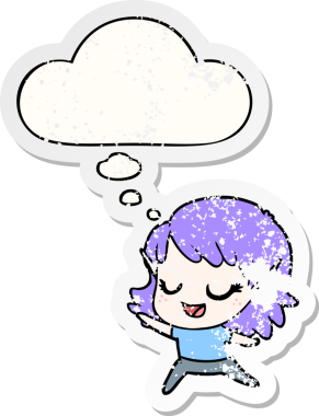 Düşünce baloncuğuyla dans eden karton mutlu elf kızı bir insan tarafından çizilmiş yıpranmış bir çıkartma gibi