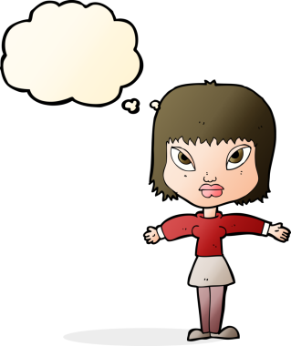 Bir insan tarafından çizilmiş düşünce baloncuğuyla kollarını açmış çizgi film kadını.