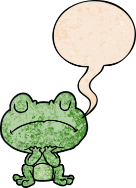 Karikatür kurbağası sabırla bekliyor. Bir insan tarafından çizilmiş eski moda konuşma baloncuğuyla.