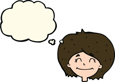 Bir insan tarafından çizilmiş düşünce baloncuklu mutlu kadın yüzü.