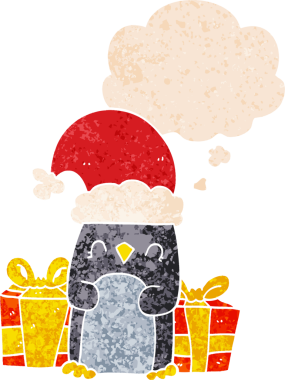 Hoş bir noel pengueni grunge 'da düşünce baloncuğu olan kederli eski moda bir insan tarafından çizilmiş.