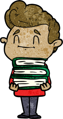 Bir insan tarafından çizilmiş bir yığın yeni kitabı olan mutlu çizgi film adamı.