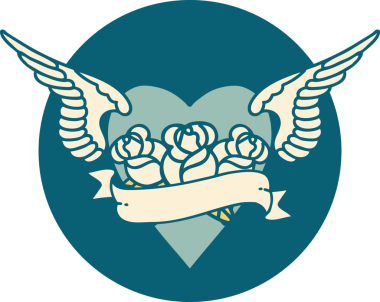 Kanatlı, çiçek ve bir insan tarafından çizilmiş bir kalbin ikonik dövme görüntüsü.