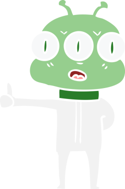 Düz renkli karikatür. Bir insan tarafından çizilmiş üç gözlü uzaylı.