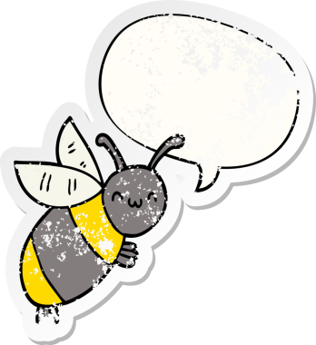 Konuşma baloncuğu olan sevimli çizgi film arısı bir insan tarafından çizilmiş sıkıntılı eski bir çıkartma