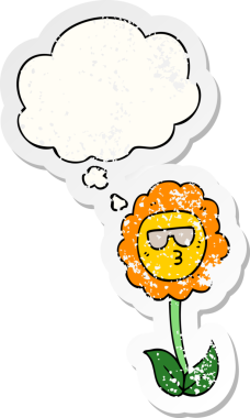 Düşünce baloncuğu olan karikatür çiçeği insan tarafından çizilmiş yıpranmış bir çıkartma gibi.