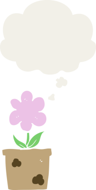 Bir insan tarafından çizilmiş düşünce baloncuğu olan sevimli bir karikatür çiçeği.