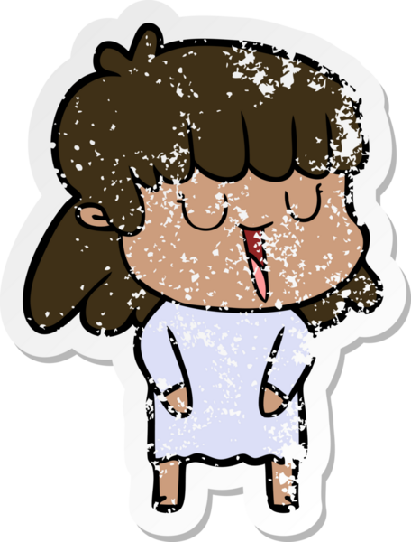 Bir insan tarafından çizilmiş gülen karikatürlü bir kadının sıkıntılı çıkartması.