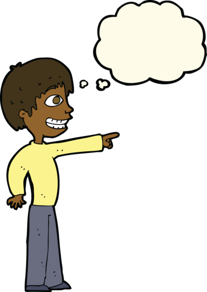 Bir insan tarafından çizilmiş düşünce balonuyla işaret eden sırıtan çocuk.