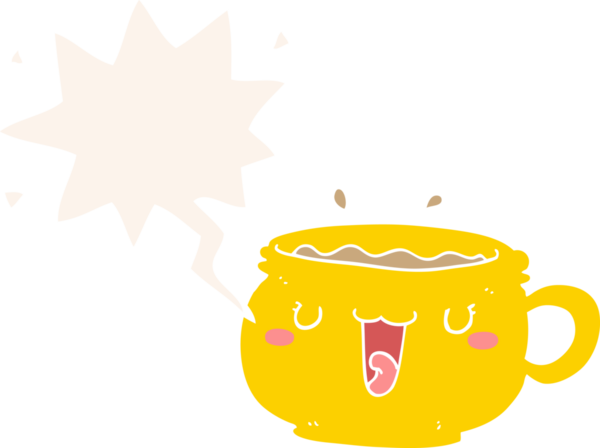 Bir insan tarafından çizilmiş eski moda konuşma baloncuklu şirin çizgi film kahve fincanı.