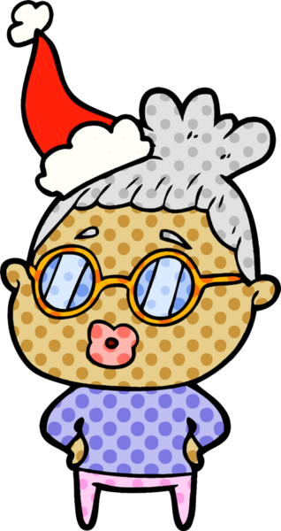 Bir insan tarafından çizilmiş Noel Baba şapkası takan kütüphaneci bir kadının el çizimi çizgi roman tasviri.