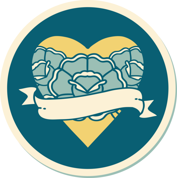 Geleneksel kalp stili dövme çıkartması ve bir insan tarafından çizilmiş çiçekli pankart.