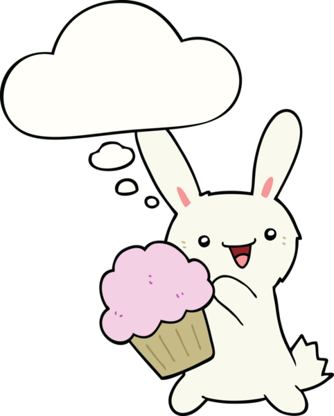 Bir insan tarafından çizilmiş düşünce baloncuklu tatlı çizgi film tavşanı.