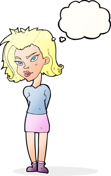 Bir insan tarafından çizilmiş düşünce baloncuğu olan çizgi film kadını.