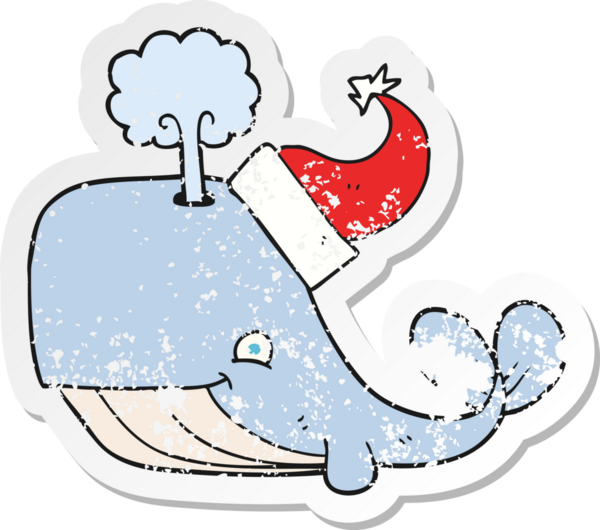 Bir insan tarafından çizilmiş noel şapkası giyen karikatür balinasının gerilimli çıkartması.