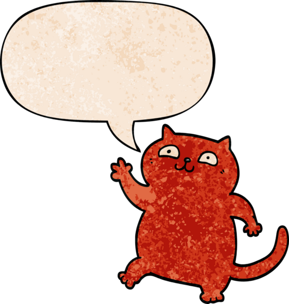 Konuşma baloncuğu olan çizgi film kedisi insan tarafından çizilmiş eski moda dokular.