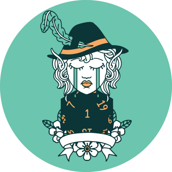 Ağlayan Elf Ozan karakteri ikonu. Bir insan tarafından çizilmiş doğal bir D20 rulosu.