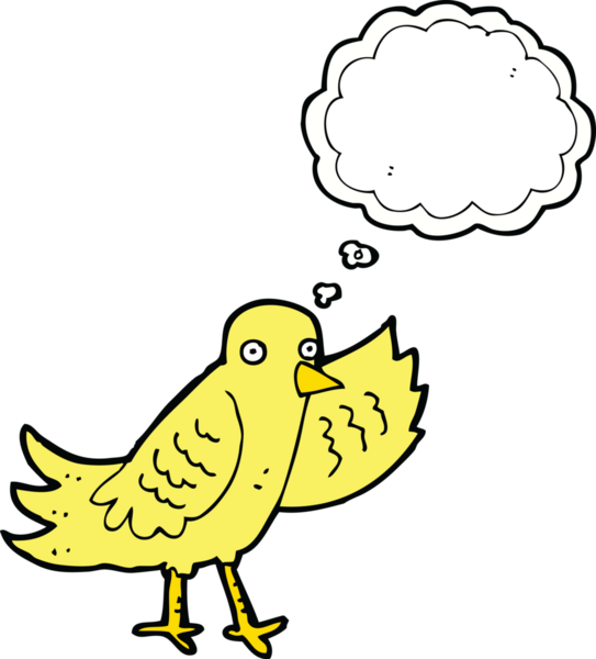 Bir insan tarafından çizilmiş düşünce baloncuklu sallanan kuş.