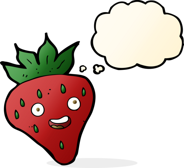 Bir insan tarafından çizilmiş düşünce baloncuklu mutlu çilek çizgi filmi.