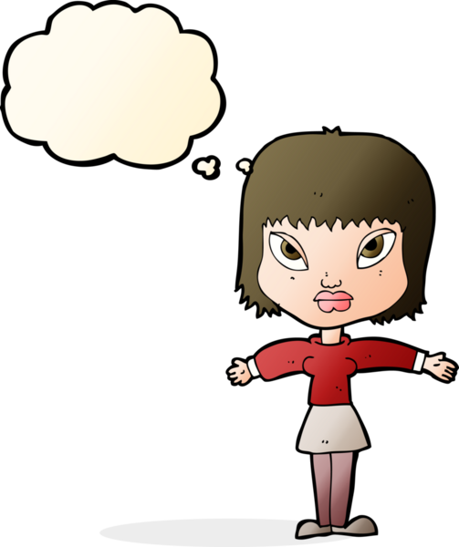 Bir insan tarafından çizilmiş düşünce baloncuğuyla kollarını açmış çizgi film kadını.