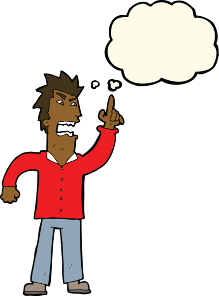 Bir insan tarafından çizilen düşünce baloncuğuyla nokta koyan kızgın bir adam.