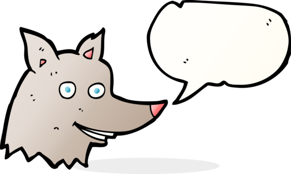 Bir insan tarafından çizilmiş konuşma balonlu bir kurt kafası.